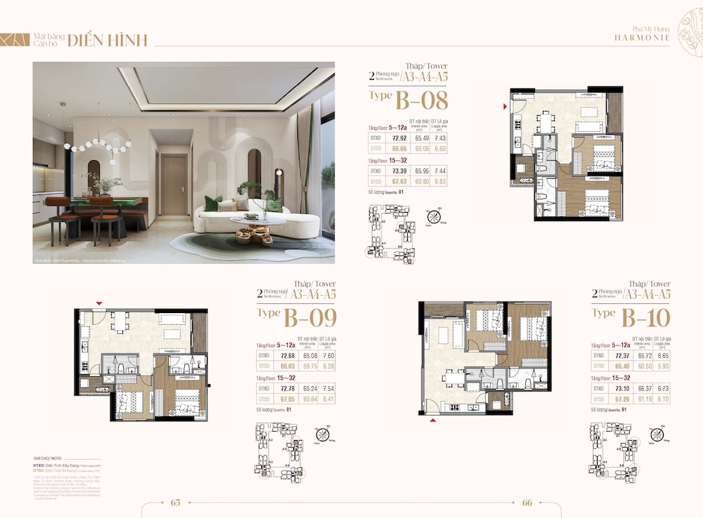 Mặt bằng phối cảnh thiết kế căn hộ 2PN The Harmonie Phú Mỹ Hưng