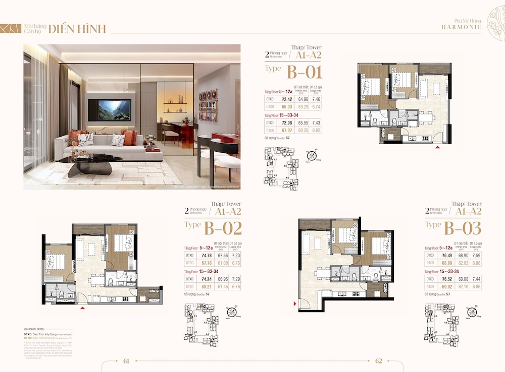 Mặt bằng phối cảnh thiết kế căn hộ 2PN The Harmonie Phú Mỹ Hưng