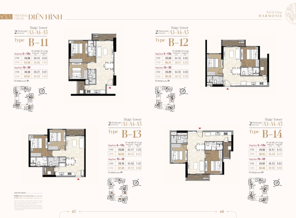 Mặt bằng thiết kế căn hộ 2PN The Harmonie Phú Mỹ Hưng