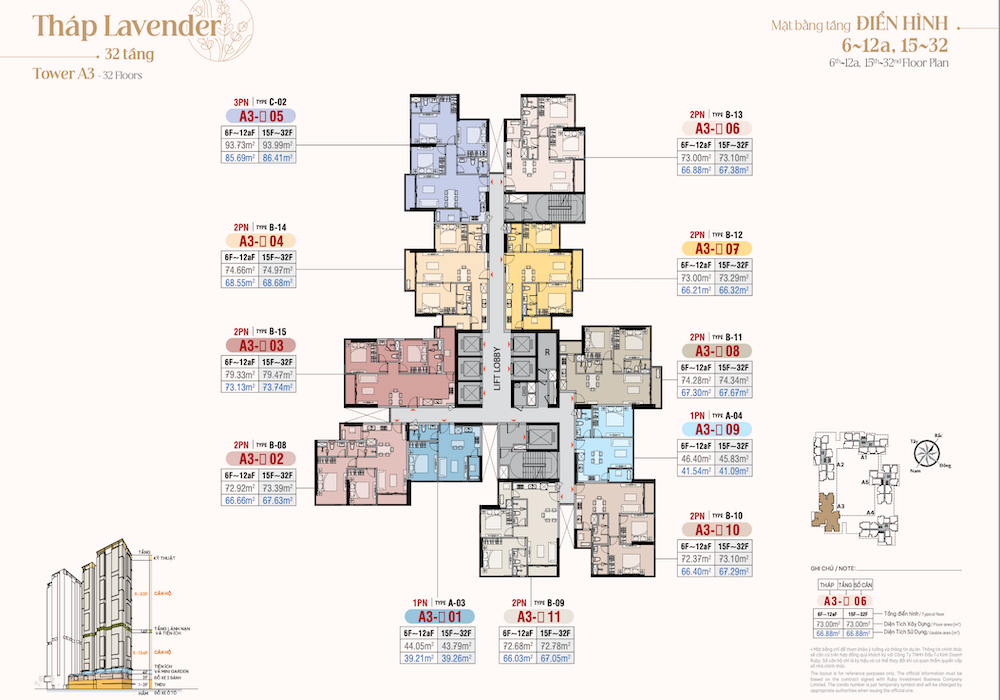 Mặt bằng thiết kế toà tháp Lavender A3 The Harmonie Phú Mỹ Hưng