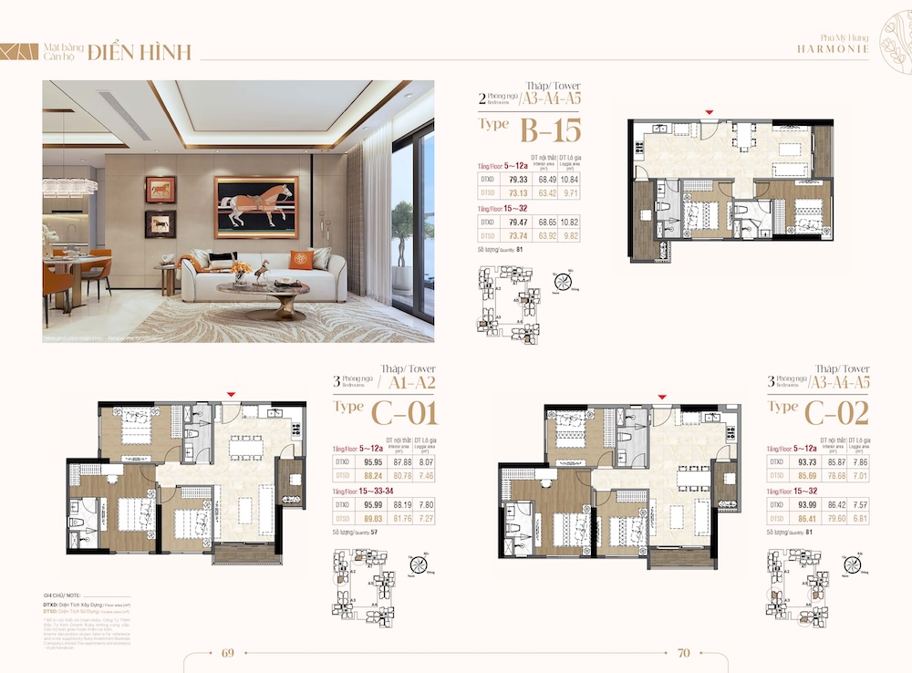 Mặt bằng phối cảnh và thiết kế căn hộ 2PN The Harmonie Phú Mỹ Hưng